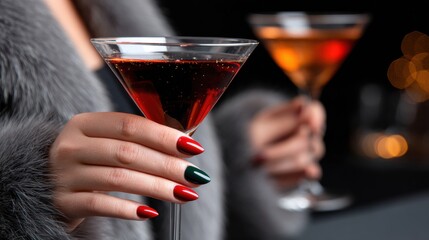 Hands hold two drinks with bright colors at a gathering during the evening