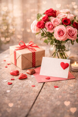 Valentine&rsquo;s Day roses and gift box on wooden table
