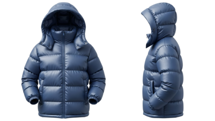 Blue  Puffy Jacket Design Template  Perfect for Cold Weather with Clear Front & Back View, Transparent Background 