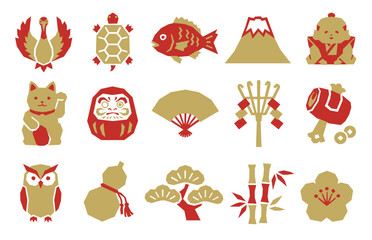Fototapeta na wymiar 日本の縁起物のシンプルな版画風イラストセット。赤と金の和風アイコン、正月デザイン素材（ベクター）