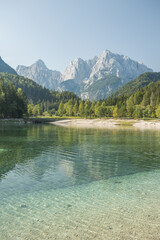Crystal clear alpine lake near Kranjska Gora with turquoise water, forested shoreline, and dramatic Julian Alps mountains under a calm summer sky