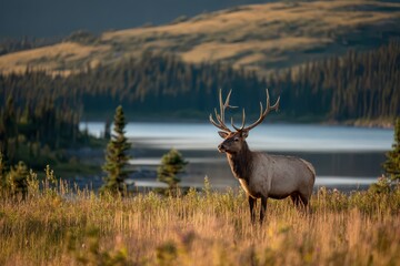 Fototapeta premium Wildlife scene featuring a large-antlered elk standing proudly on an open prairie at sunset