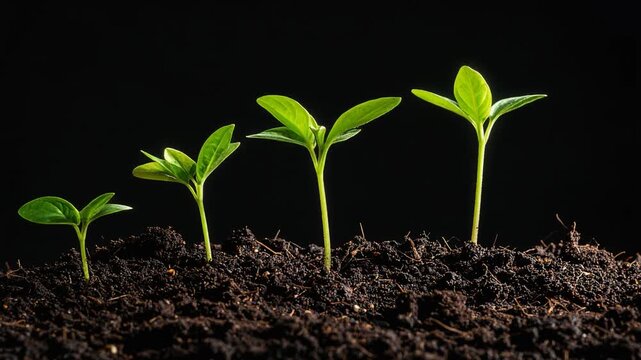 段階的に成長する芽が時間と共に進む植物の生命過程を示す