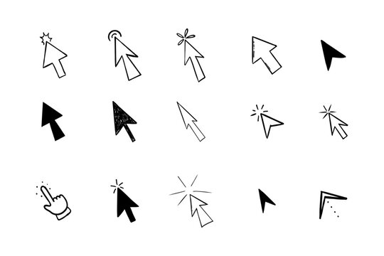 Mouse cursor arrow doodle, hand drawn pointer, click button. Hand drawn finger click. Set cute sketch digital arrow icon.