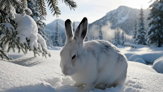Snowshoe hare in winter landscape beside a stream with mountains and trees in the background during a sunny day