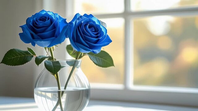 透明な花瓶に活けた青いバラが室内に洗練された静けさをもたらす