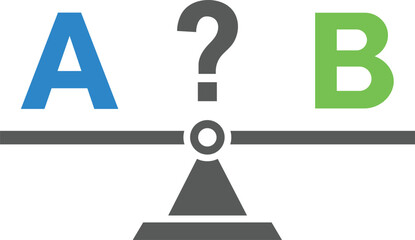 Blue letter A and green letter B balanced on a grey scale with question mark weighing choice