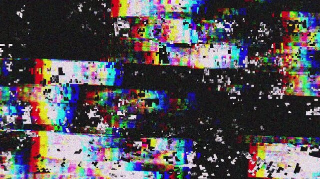Glitchy TV and computer screen with colorful noise, VHS no signal static, RGB split glitch, broadcasting error, and damaged screen distortion.