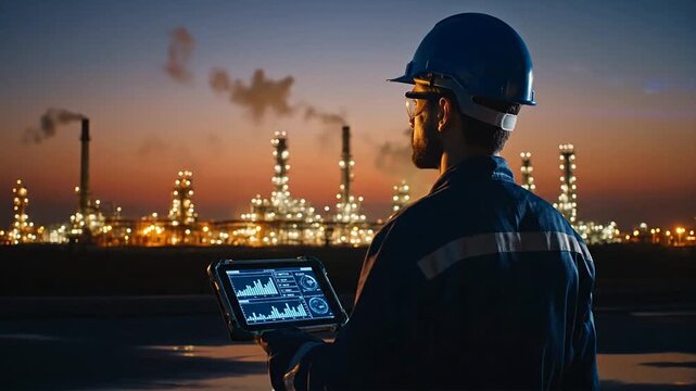 Engineer using tablet to monitor oil refinery operations at dusk with industrial landscape
