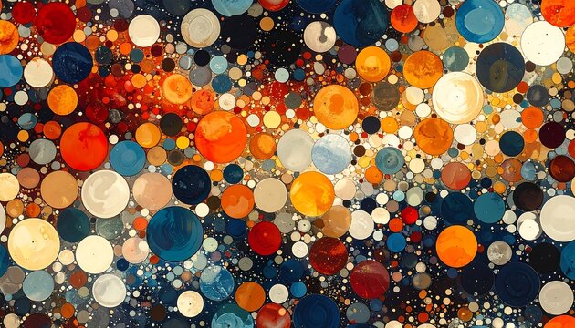 A vibrant abstract composition features numerous colorful circles of varying sizes, overlapping across a dark, textured background
