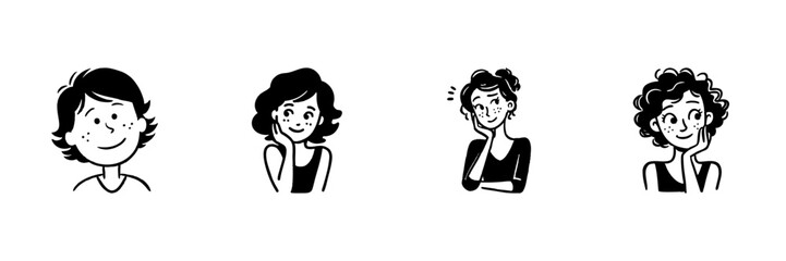 Four Expressive Cartoon Faces In Hand Drawn Style Set. Emotions And Expressions Doodle Sketch Collection. Character Design Elements. Isolated Vector Illustration