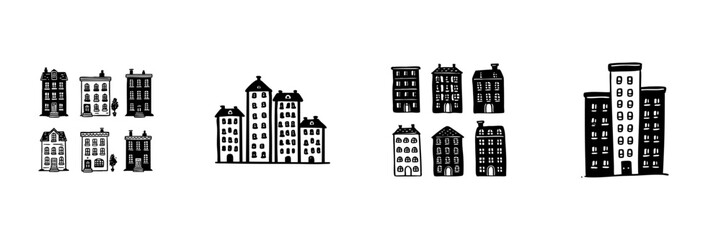 Obraz premium Hand Drawn Urban Building Collection In Doodle Sketch Style. Cityscape Architecture, Residential And Commercial Structures Illustration. Vintage Urban Design Elements. Isolated Vector Illustration