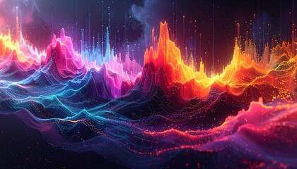 A vibrant, abstract digital art piece. The image features undulating, glowing lines in a rainbow of colors. Sparkles add to the luminescence against a dark backdrop