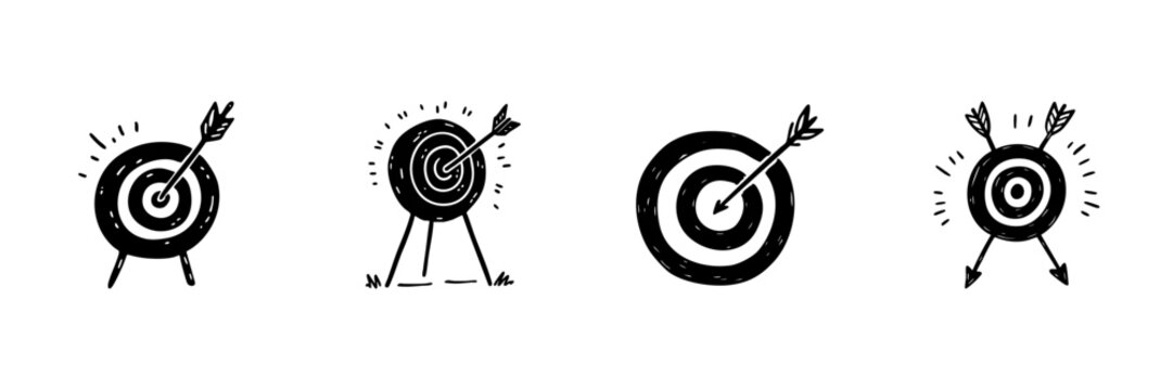 Target With Arrows In Hand Drawn Style Set. Precision, Goal Achievement, Success Strategy Doodle Sketch Collection. Business And Personal Development. Isolated Vector Illustration