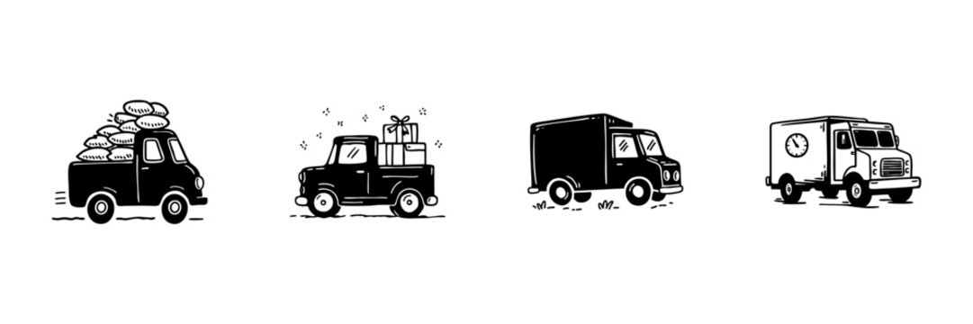 Delivery Trucks In Hand Drawn Style Set. Logistics, Transportation, And Shipping Doodle Sketch Collection. Cargo, Gifts, And Timely Delivery. Isolated Vector Illustration - Powered by Adobe