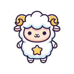 Cute Cartoon Sheep with Golden Horns and Star - Vector Illustration