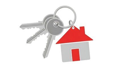 Set of keys with a house-shaped keychain on a white background, symbolizing home ownership and real estate.