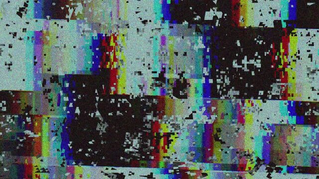 Glitchy TV and computer screen with colorful noise, VHS no signal static, RGB split glitch, broadcasting error, and damaged screen distortion.