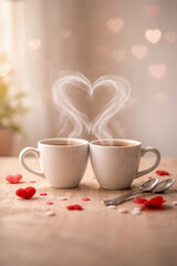 Romantic Valentine&rsquo;s Day coffee cups with heart-shaped steam