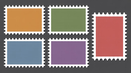 Obraz premium Five colorful blank postage stamps with perforated edges arranged on a dark background.