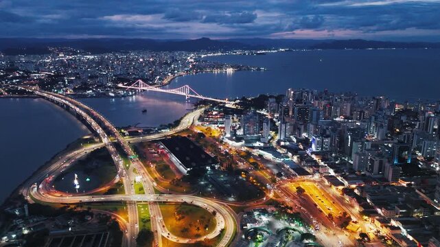Florianopolis at night. Aerial view of the city of Florianopolis at twilight, Brazil
