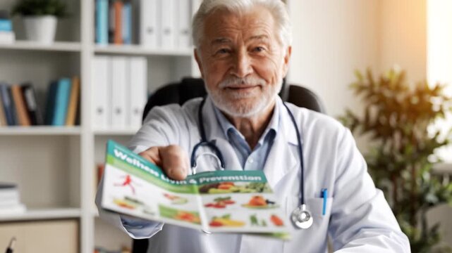 Elderly doctor physician bright medical office offering nutrition brochure and diet consultation with stethoscope, smiling while reading wellness brochure and handing medical document during elderly