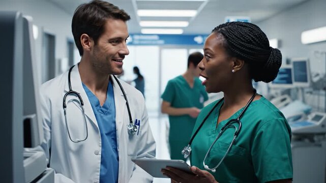 Male doctor and female nurse reviewing patient chart and tablet busy hospital corridor with medical equipment and stethoscope while collaborating patient care and clinical data with staff background