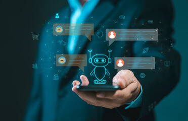 Businessman using smartphone with digital chatbot and financial data graph. Concept of AI technology, business growth and innovation.