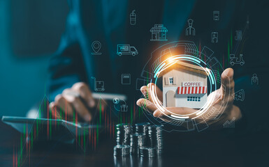 Businessman holding coffee shop model with coins and falling stock graph. Concept of small business risk management, cafe investment, and financial challenges.