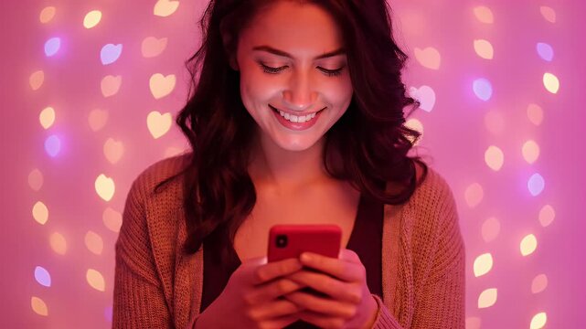 Young woman smiles while looking at her smartphone screen with pink heart lights in the background.