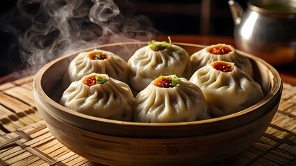 Steamed dumplings in wooden bowl Asian cuisine