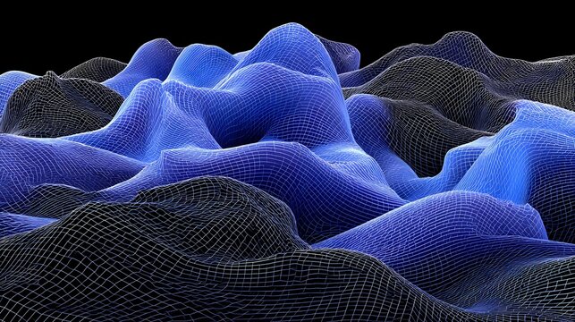 Abstract blue mesh wave landscape with flowing three dimensional grid forms