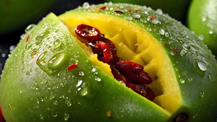Fresh mango with water drops closeup