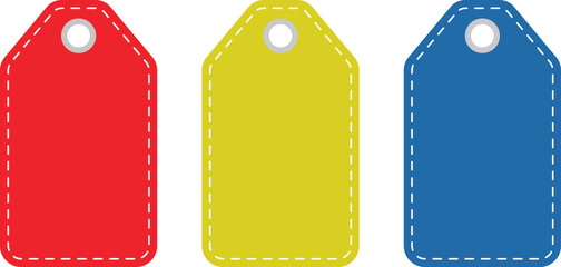Three blank gift tags in red yellow and blue with dashed outlines label
