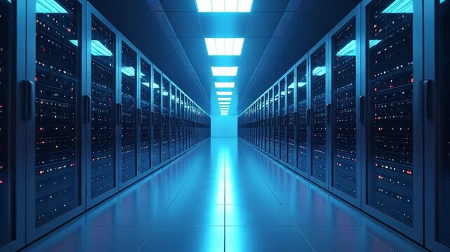 A long, blue-lit server room corridor with rows of server racks extending into the distance