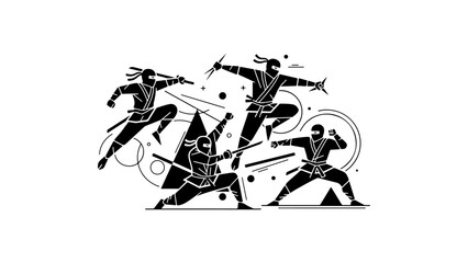 black and white shape illustrations of ninjas in different poses fighting with each other, ninja's fight scene vector illustration © Giorgi