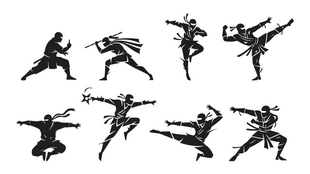 shapes of ninjas in different poses set of ninja shapes vector illustration on white background