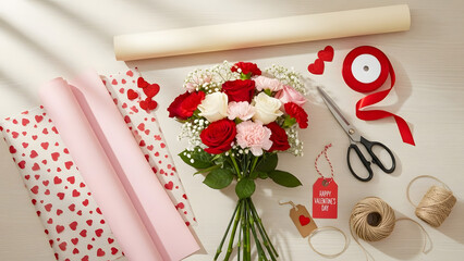 Creative florist workspace from above with scissors, ribbons and paper.