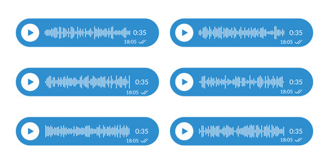 Collection of colorful Voice Message icon. Record voice note messages players with waveforms, playback controls and durations audio icon set for smartphone chat app, podcast interfaces Vector design