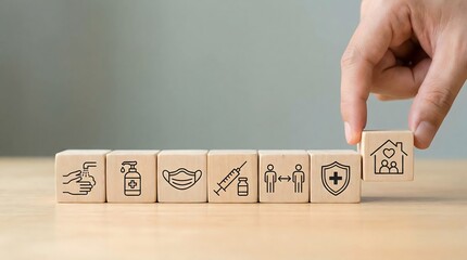 covid-19 protection icons on wooden blocks