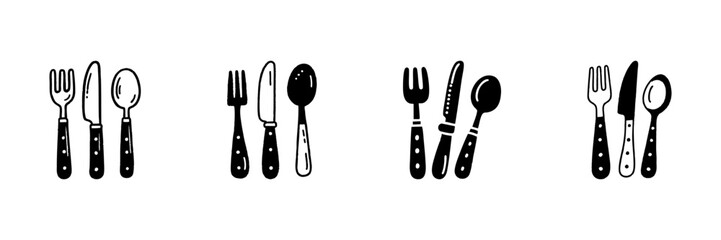 Cutlery Set Icons In Hand Drawn Style Set. Dining Utensils, Fork, Knife, Spoon Doodle Sketch Collection. Kitchenware And Table Setting. Isolated Vector Illustration