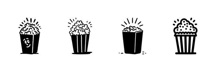 Popcorn Buckets In Hand Drawn Style Set. Movie Snack, Cinema Treat, Entertainment Doodle Sketch Collection. Fun And Whimsical Design. Isolated Vector Illustration