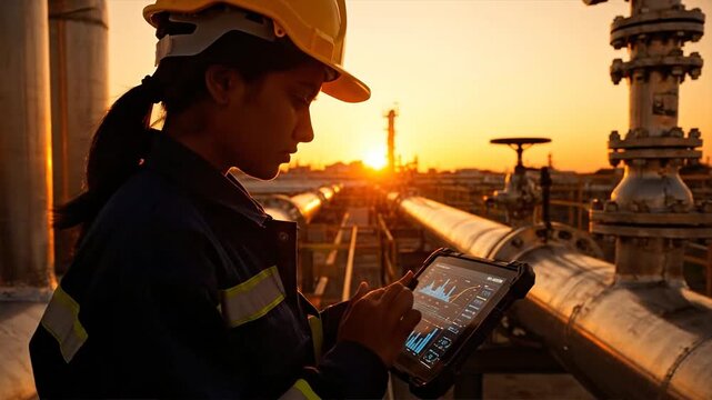 Engineer using tablet to monitor oil pipeline infrastructure at industrial refinery during sunset