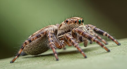 Jumping spider close up on a natural surface, showing large eyes and compact body. A small agile arachnid known for precise jumping ability and excellent vision.