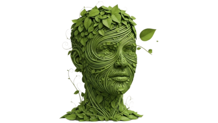 Human face made of green vines and leaves Isolated on transparent background