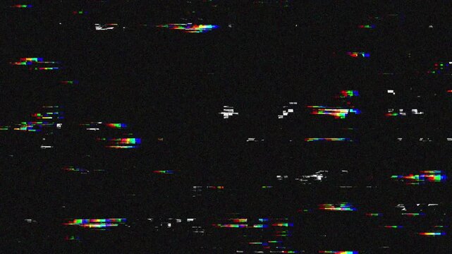 Glitchy TV and computer screen with colorful noise, VHS no signal static, RGB split glitch, broadcasting error, and damaged screen distortion.