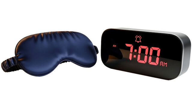 Digital Alarm Clock and Silk Sleep Mask Isolated on transparent background