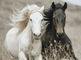 Obraz premium Two horses, one cream white horse and one deep brown horse, runing in field, Ai generated