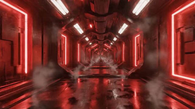 Abstract red interior futuristic tunnel with glowing neon lights and reflections