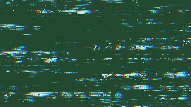 Glitchy TV and computer screen with colorful noise, VHS no signal static, RGB split glitch, broadcasting error, and damaged screen distortion.